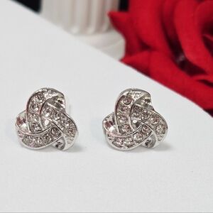 Silver Rhinestone Love Knot Criss-Cross Stud Earrings | Mini Clear Crystal Studs
